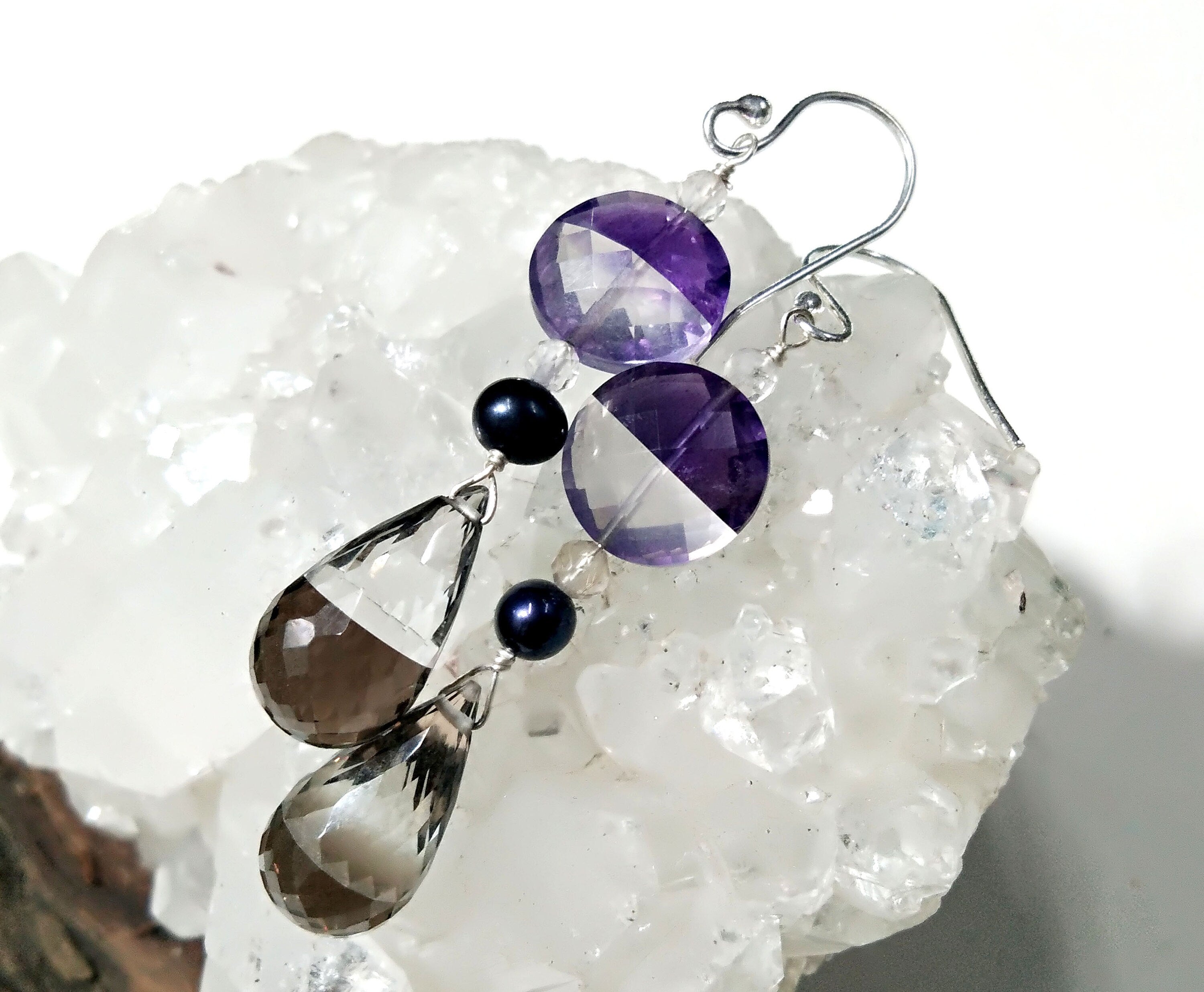 Very Fine Quality Amazing Color Natural Doublet Gemstone Amethyst, Crystal & Smoky Quartz With 925 Silver Multi Earring For Girls/Women Gift